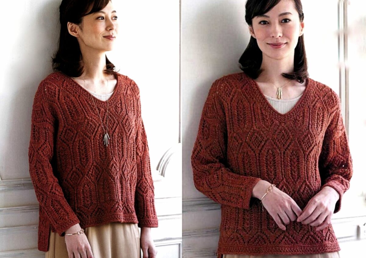 Короткий ажурный пуловер с удлиненной спинкой описание. Схема укороченного пуловера спицами